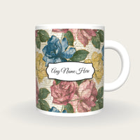 Mezzotint Gardenias Name Mug, front with the name label