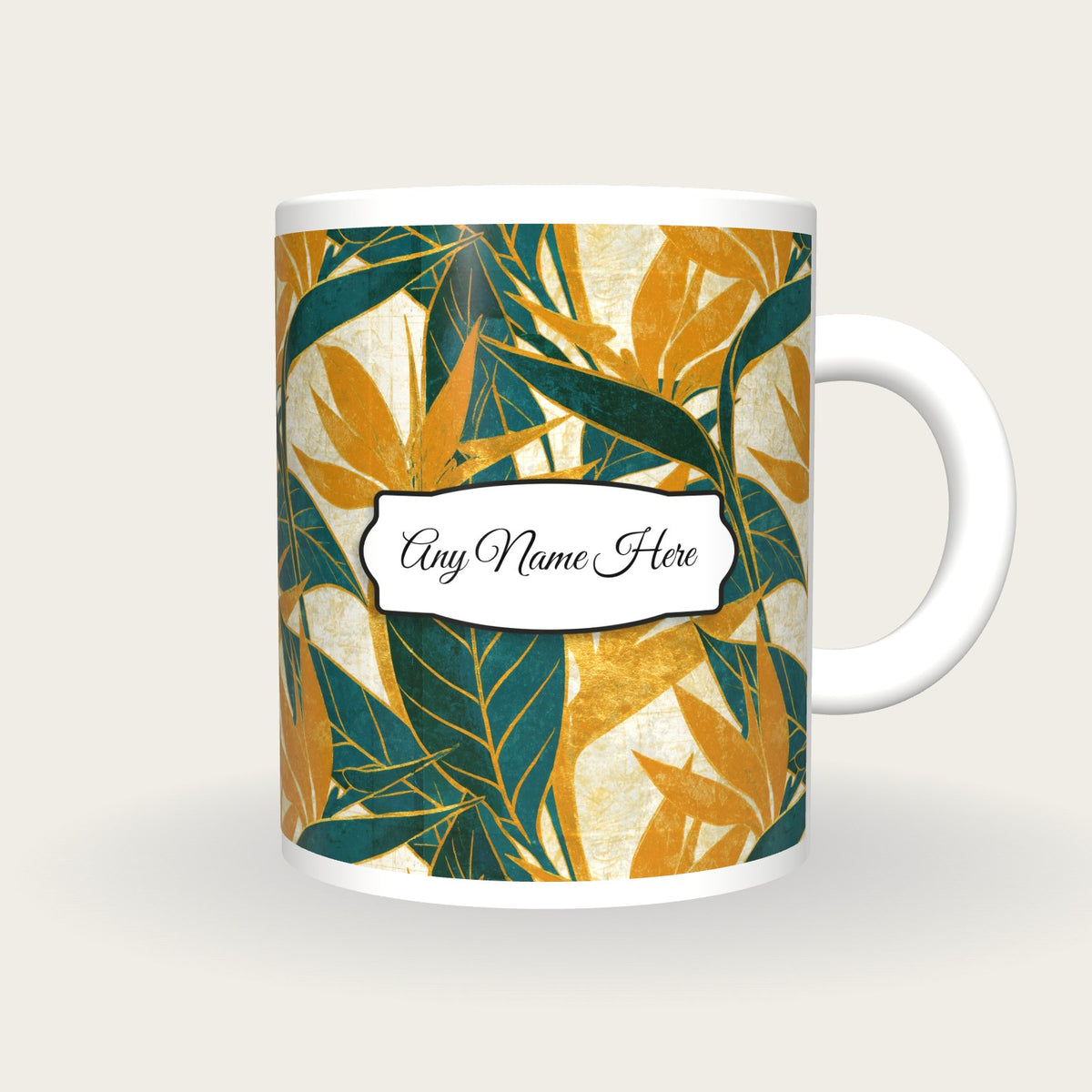 Risograph Birds Of Paradise Name Mug, front with the name label