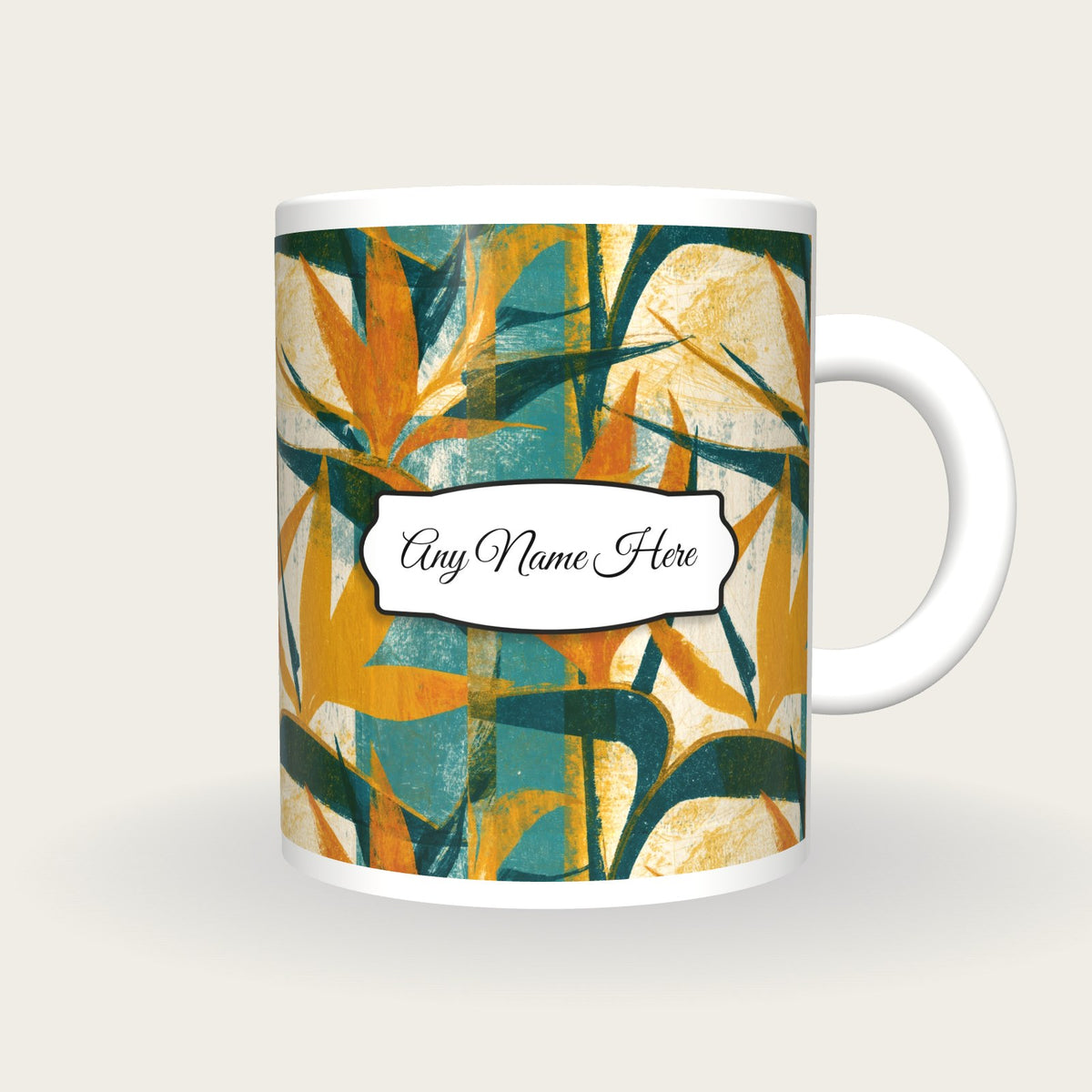 Risograph Birds Of Paradise Name Mug 2, front with the name label