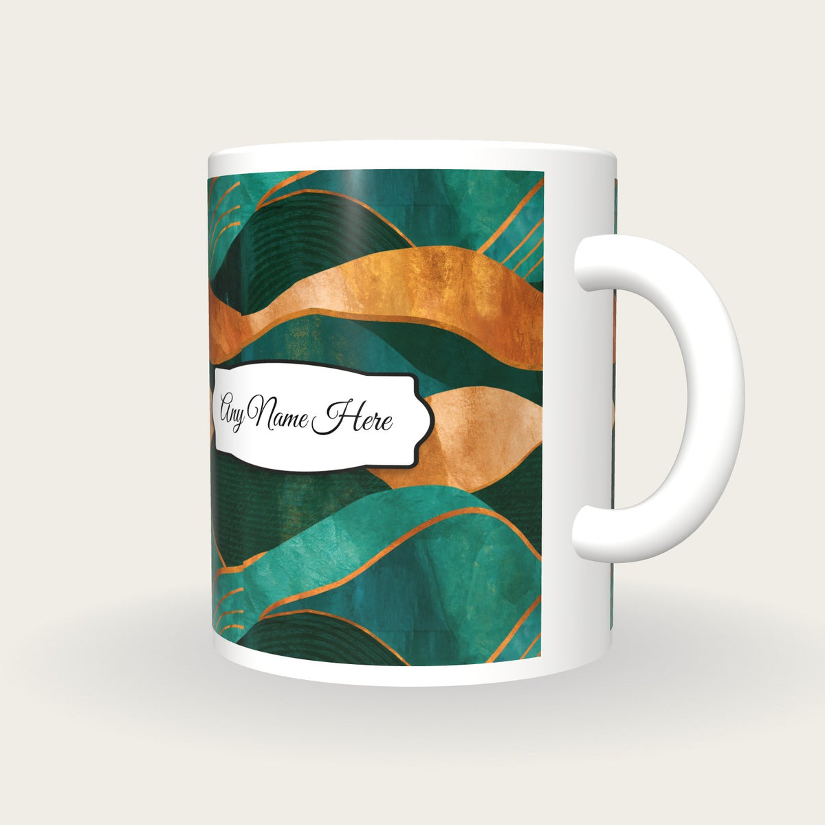 Folk Art Jade Abstract Name Mug, three-quarter view