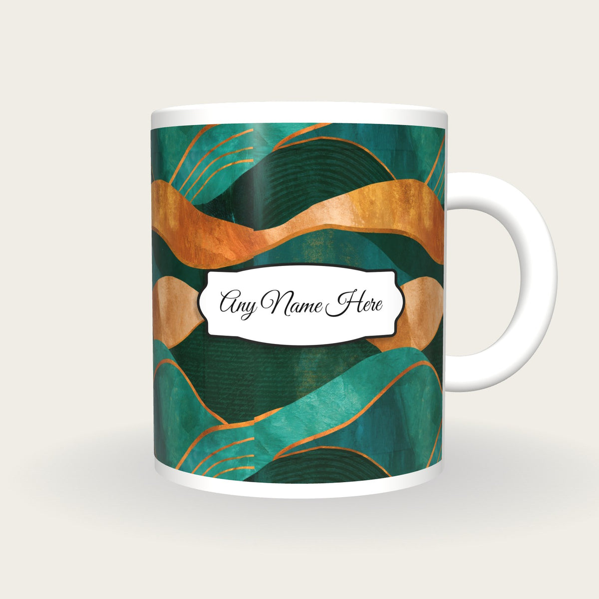 Folk Art Jade Abstract Name Mug, front with the name label