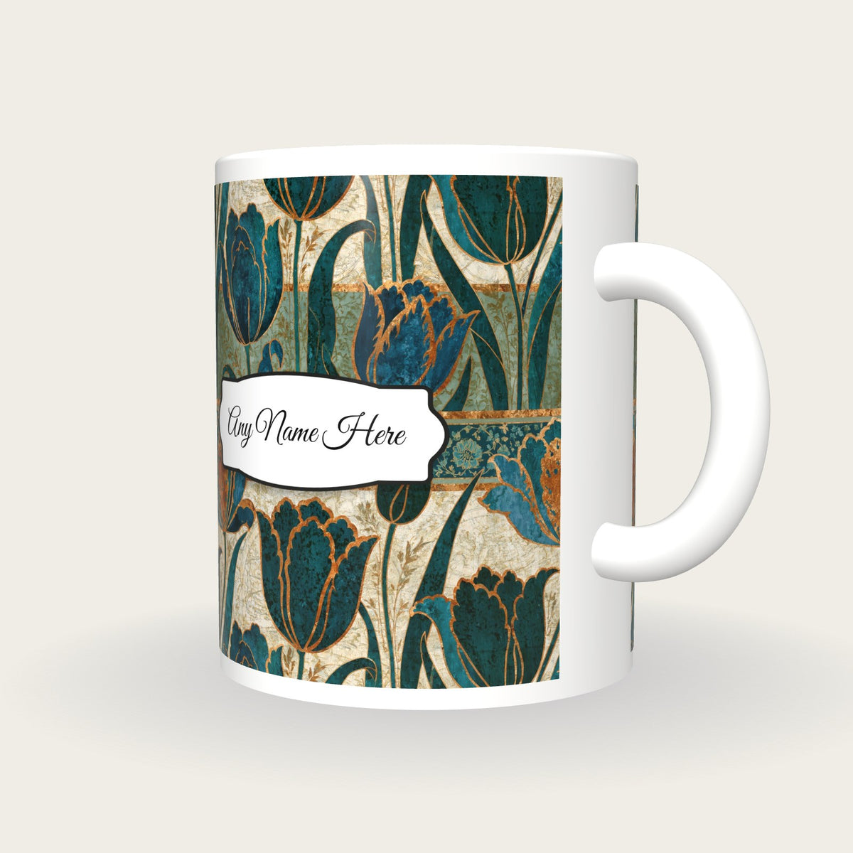 Mughal Tulips Name Mug, three-quarter view