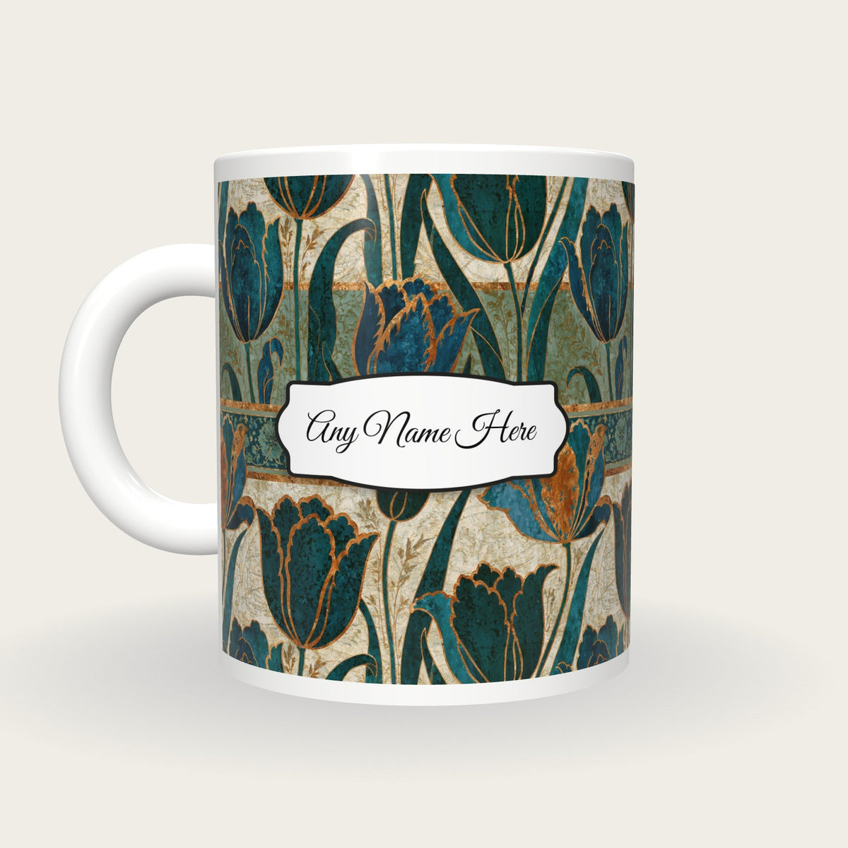 Mughal Tulips Name Mug, back with the second name label
