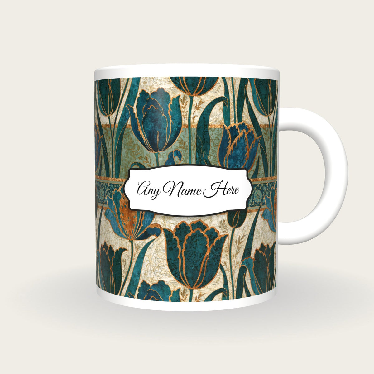 Mughal Tulips Name Mug, front with the name label