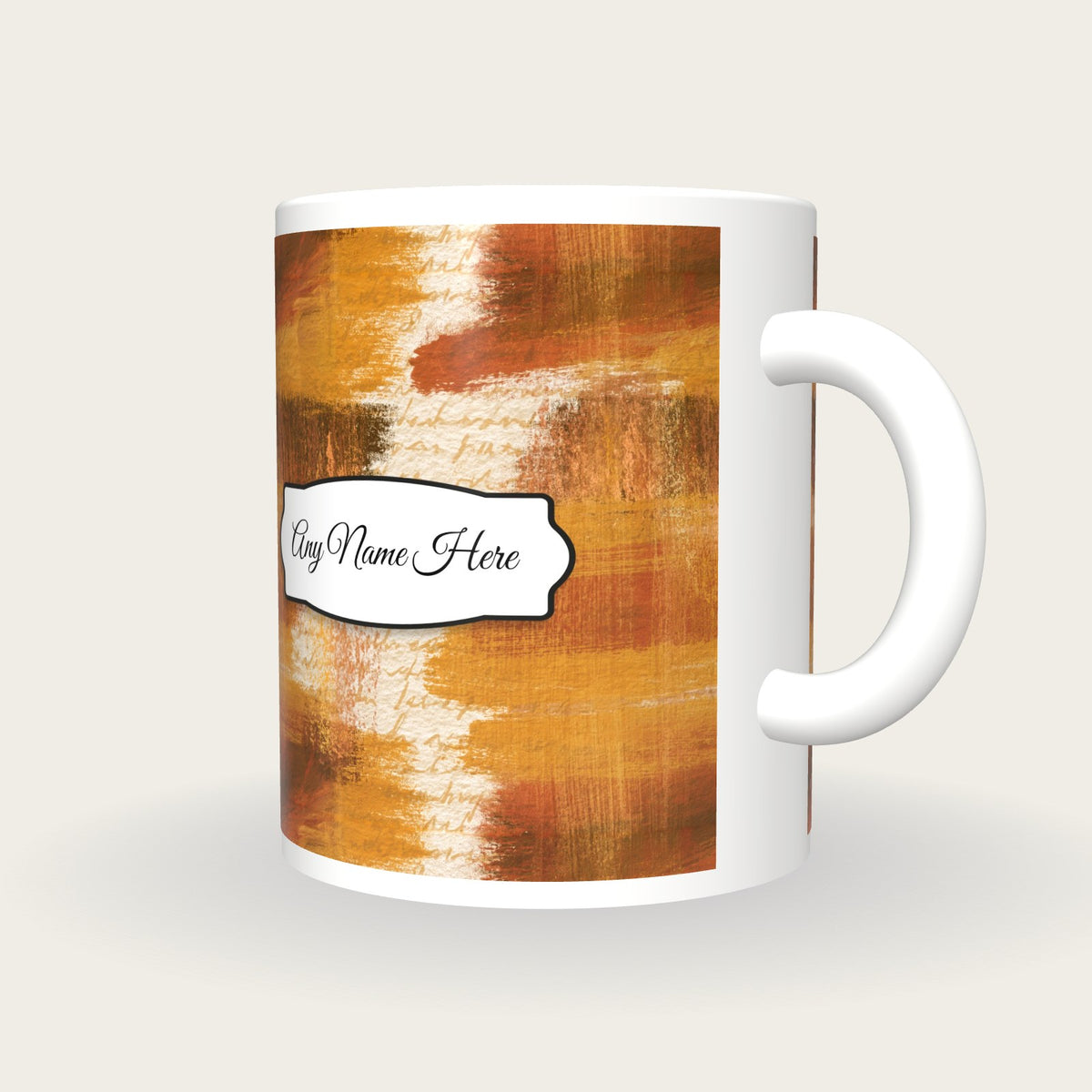 Gouache Caramel Abstract Name Mug, three-quarter view