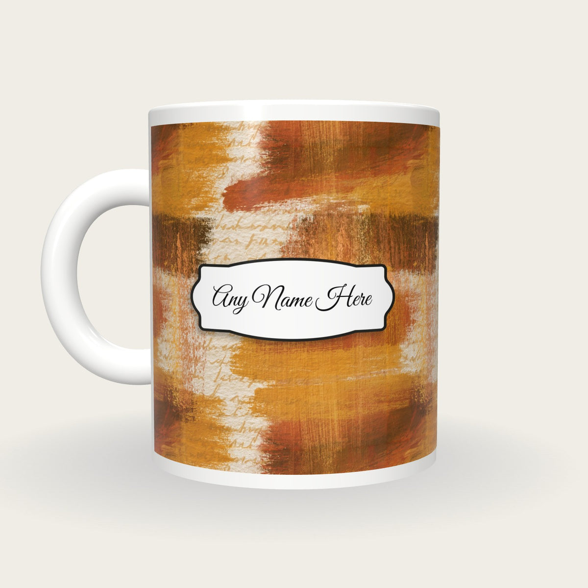 Gouache Caramel Abstract Name Mug, back with the second name label