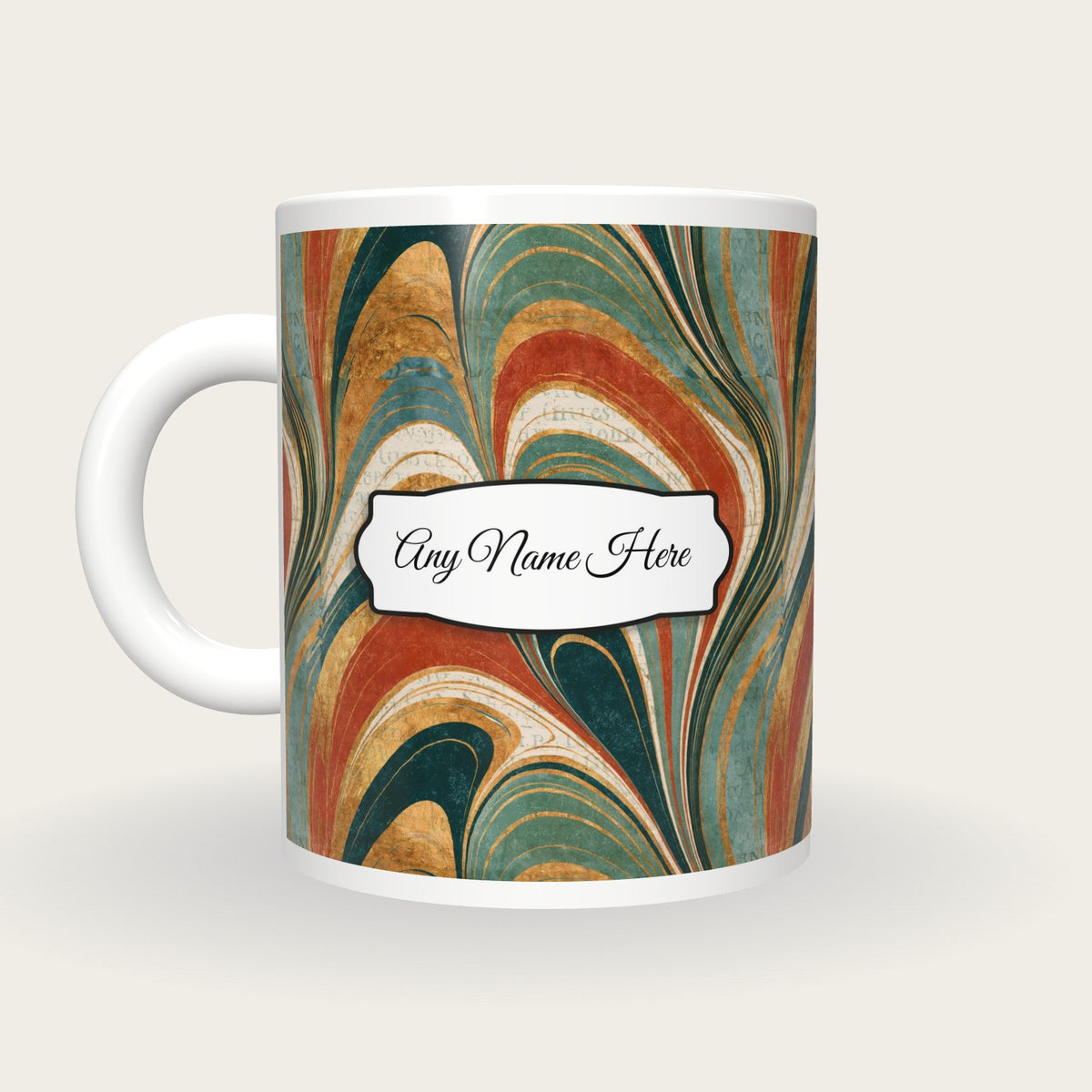 Paper Marbling Adobe Abstract Name Mug, back with the second name label