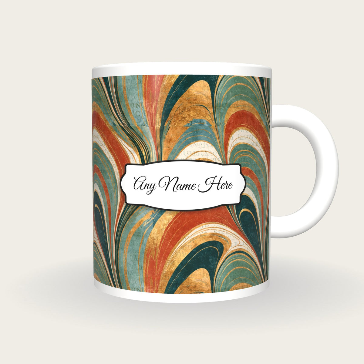 Paper Marbling Adobe Abstract Name Mug, front with the name label