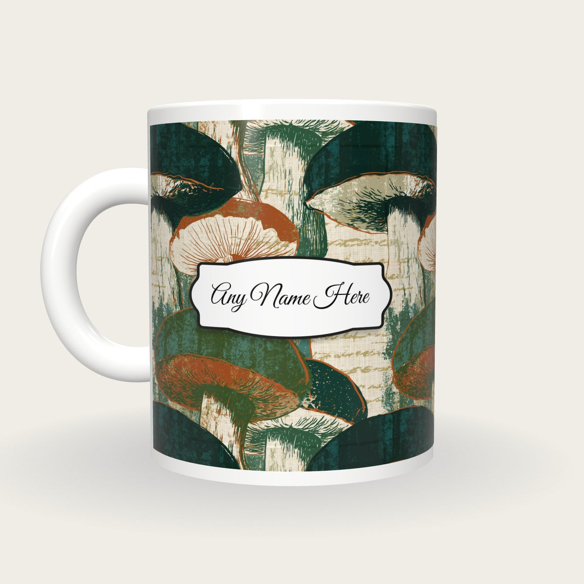 Pop Art Boletus Name Mug, back with the second name label
