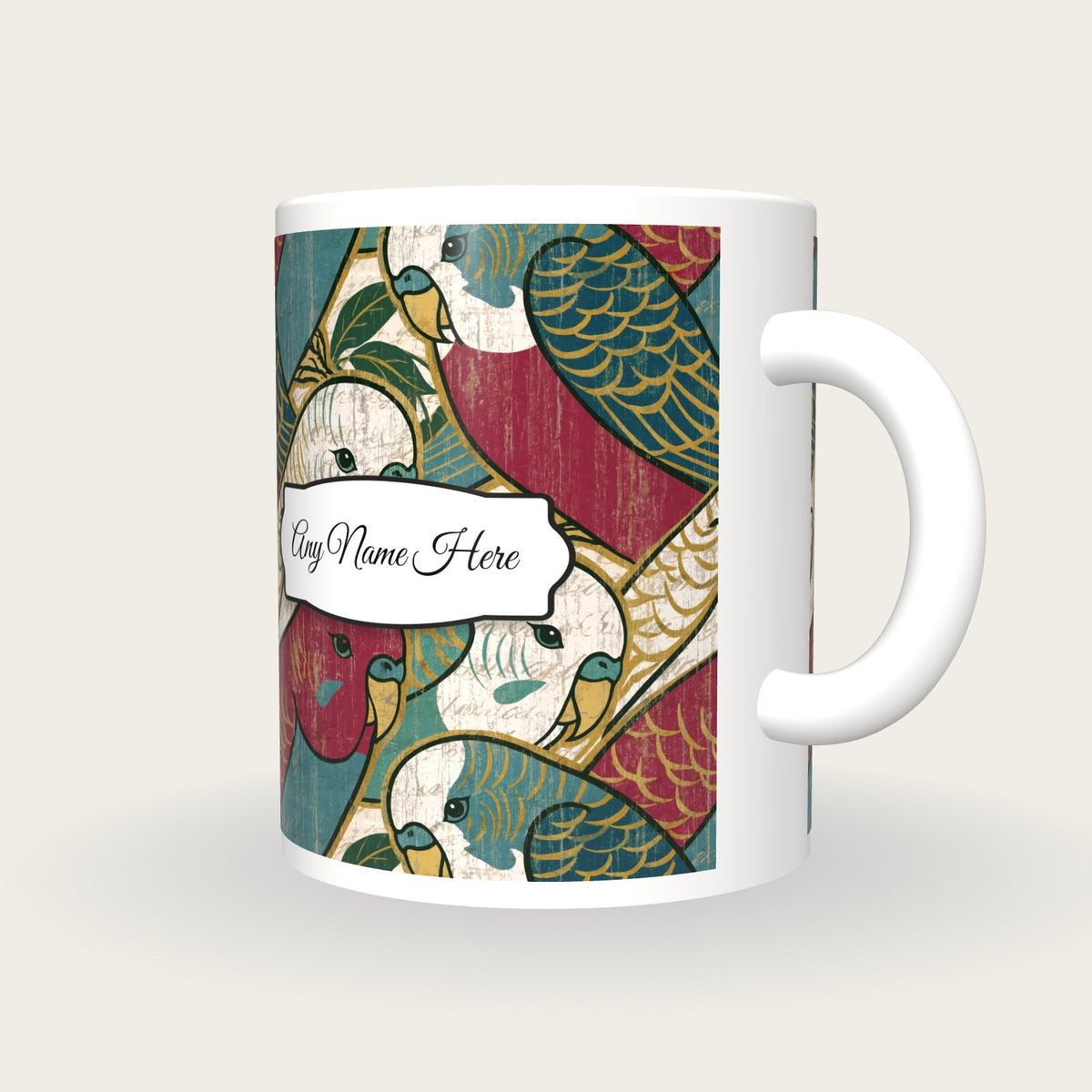 Ukiyo-e Budgerigars Name Mug, three-quarter view