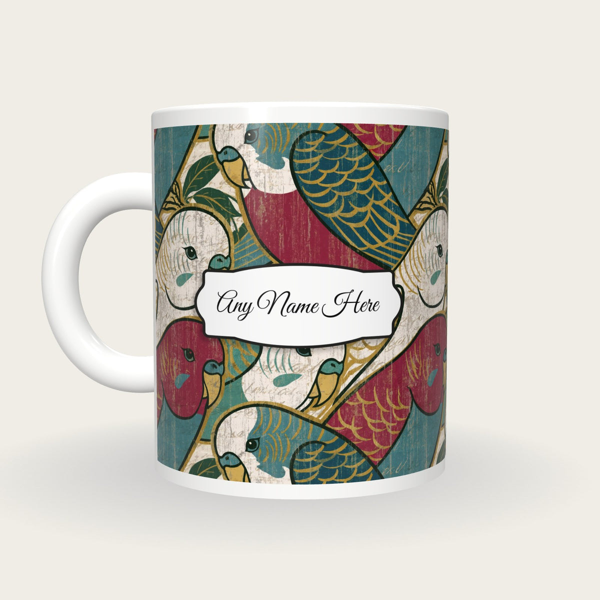 Ukiyo-e Budgerigars Name Mug, back with the second name label