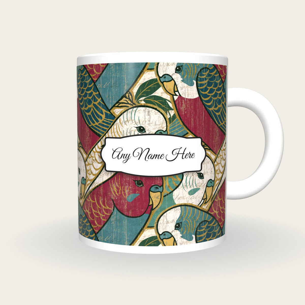 Ukiyo-e Budgerigars Name Mug, front with the name label