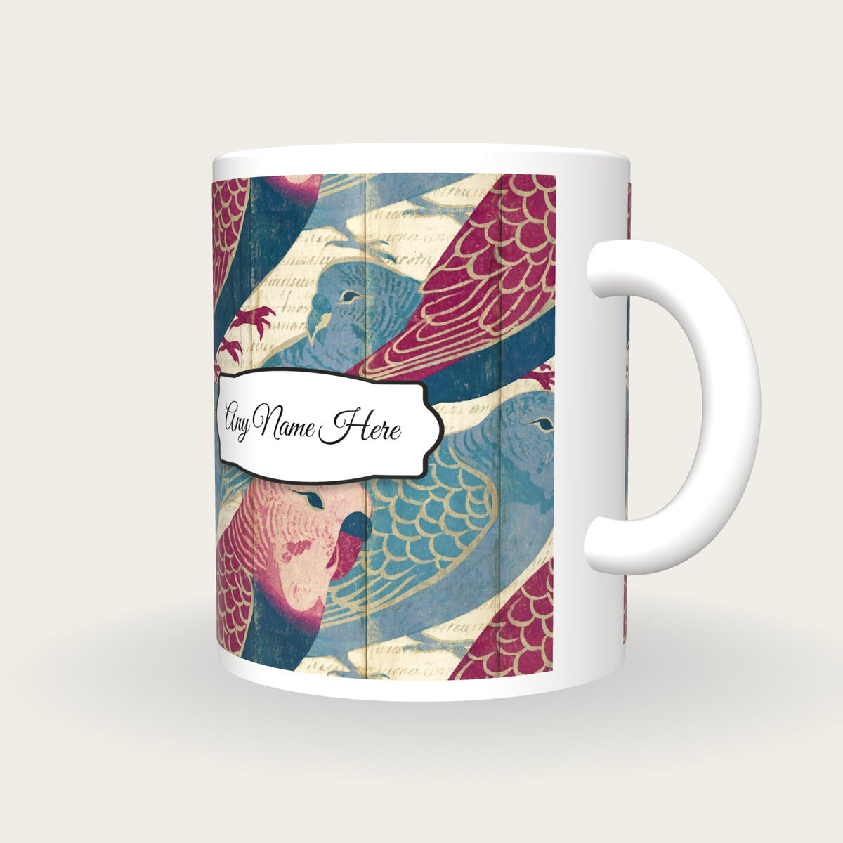 Ukiyo-e Budgerigars Name Mug 2, three-quarter view