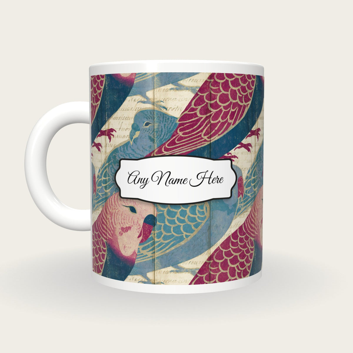 Ukiyo-e Budgerigars Name Mug 2, back with the second name label