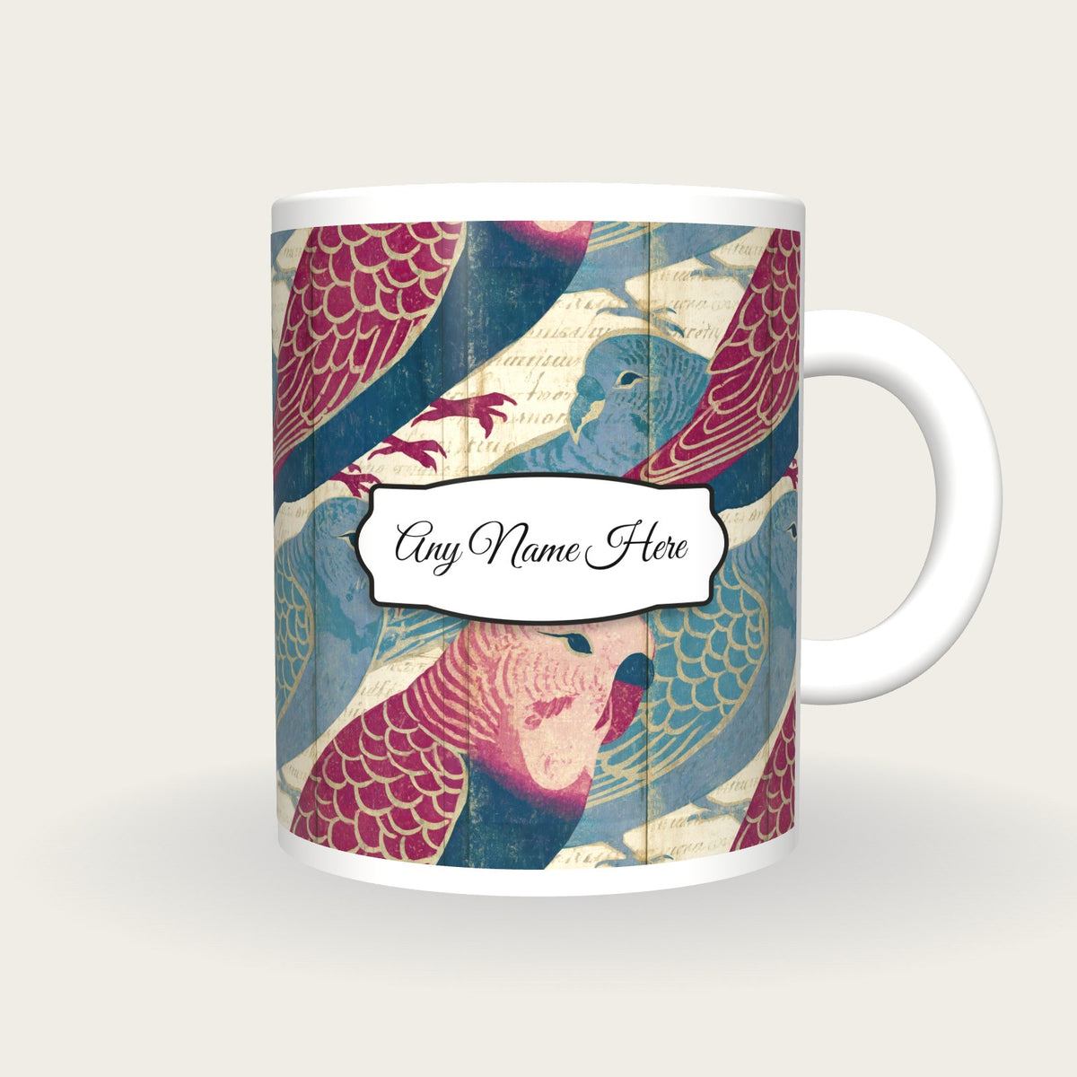 Ukiyo-e Budgerigars Name Mug 2, front with the name label