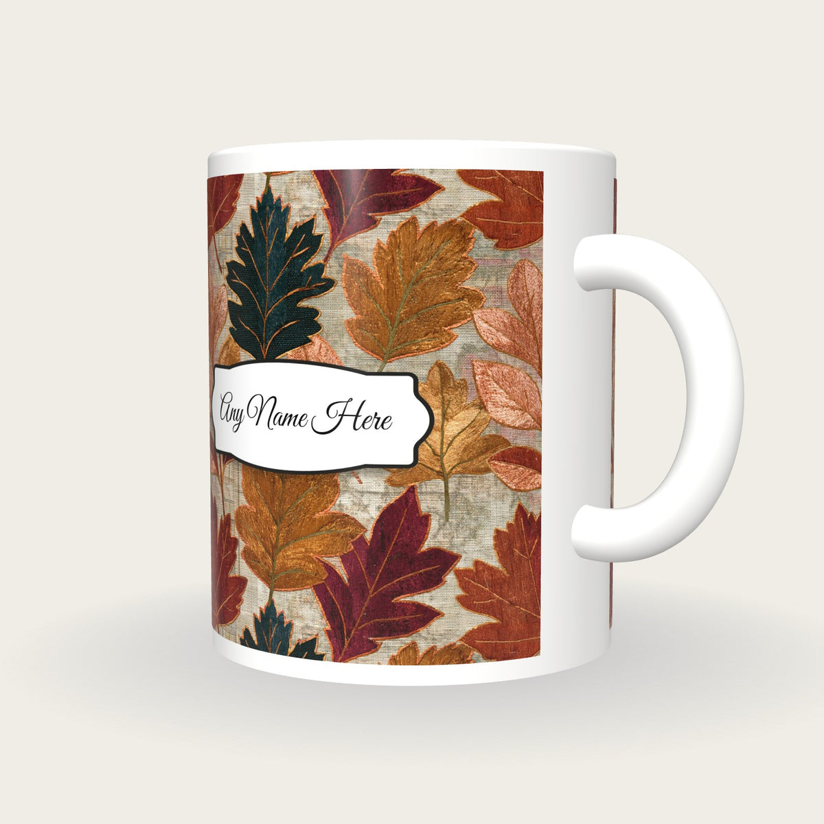 Embroidery Pressed Leaves Name Mug 3, three-quarter view