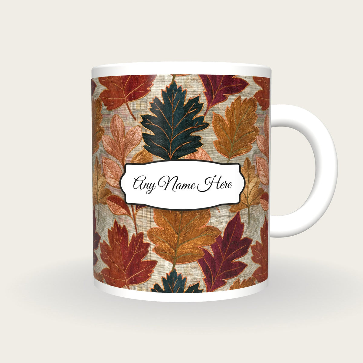 Embroidery Pressed Leaves Name Mug 3, front with the name label