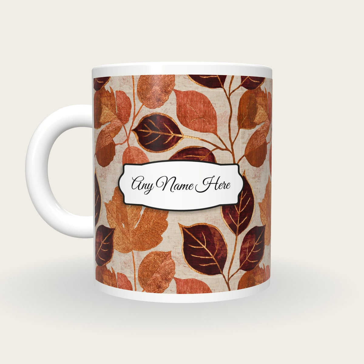 Embroidery Pressed Leaves Name Mug, back with the second name label