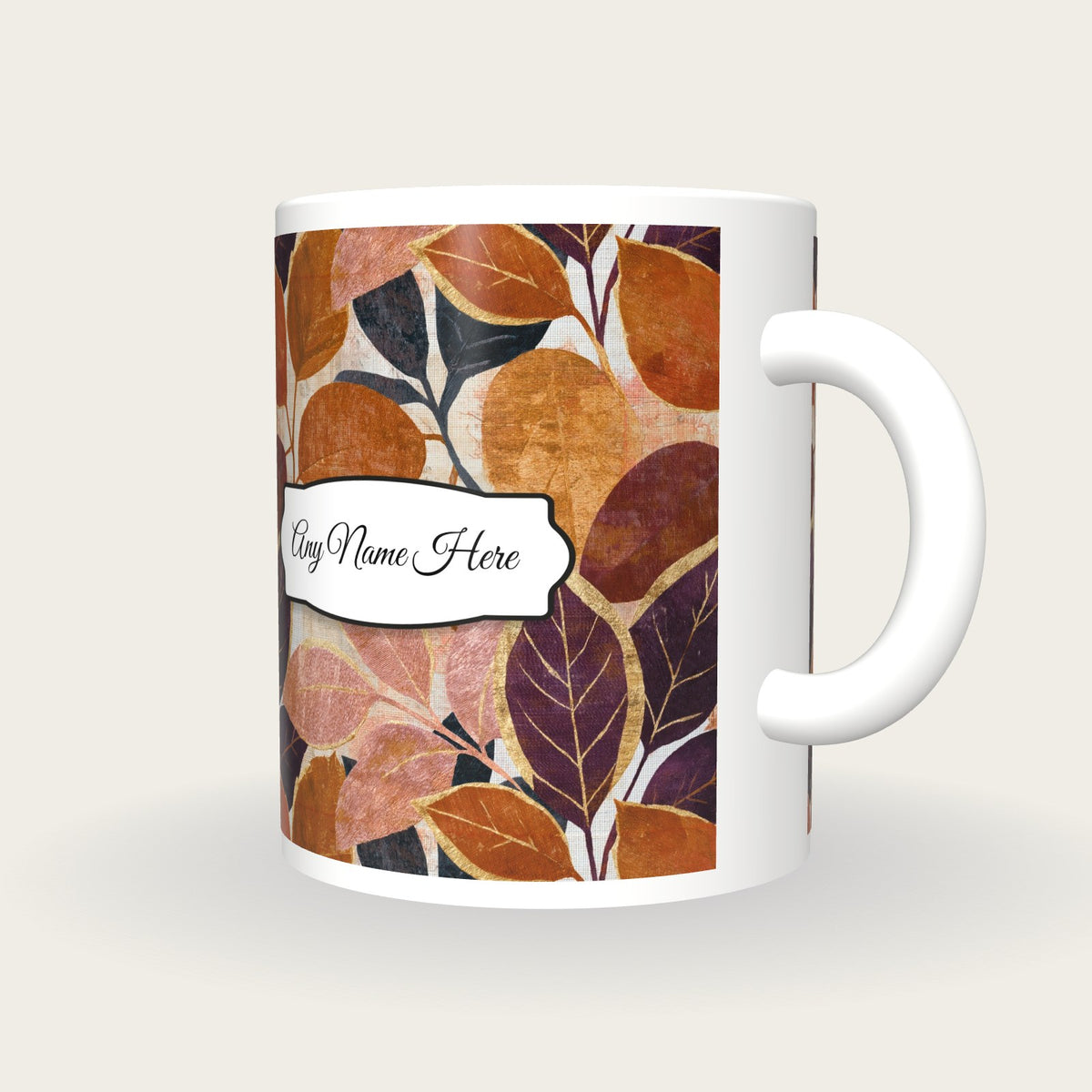 Embroidery Pressed Leaves Name Mug 2, three-quarter view