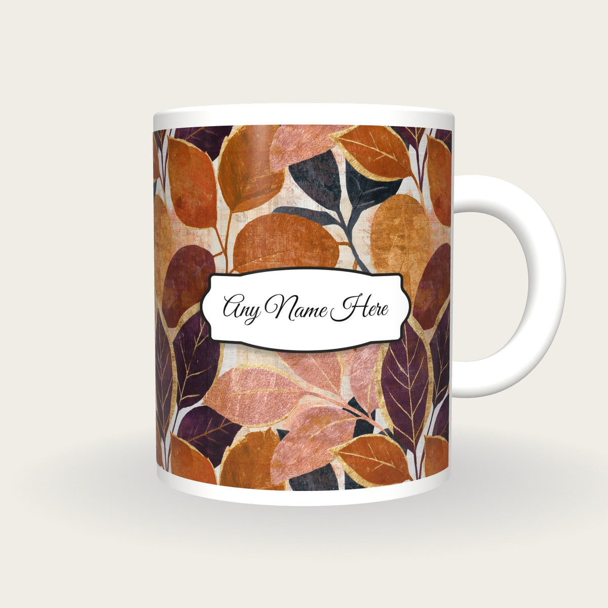 Embroidery Pressed Leaves Name Mug 2, front with the name label
