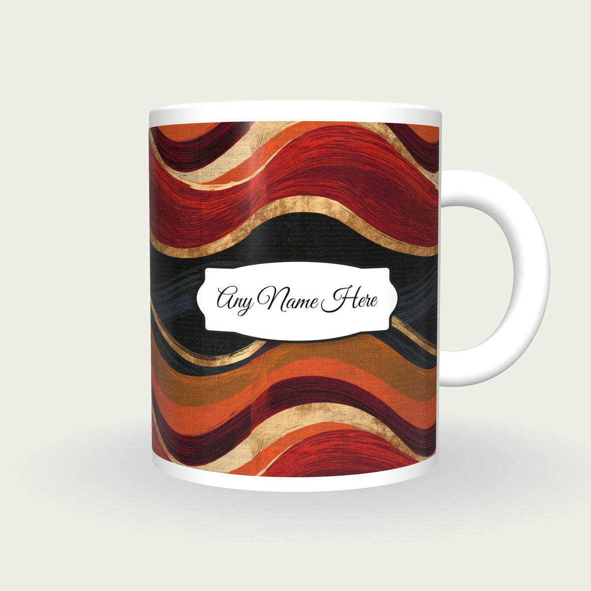 Scratchboard Cinnamon Abstract Name Mug, front with the name label