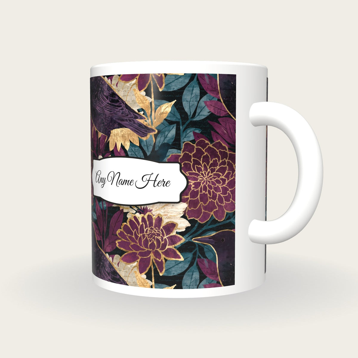 Oil Pastel Starlings Name Mug 2, three-quarter view