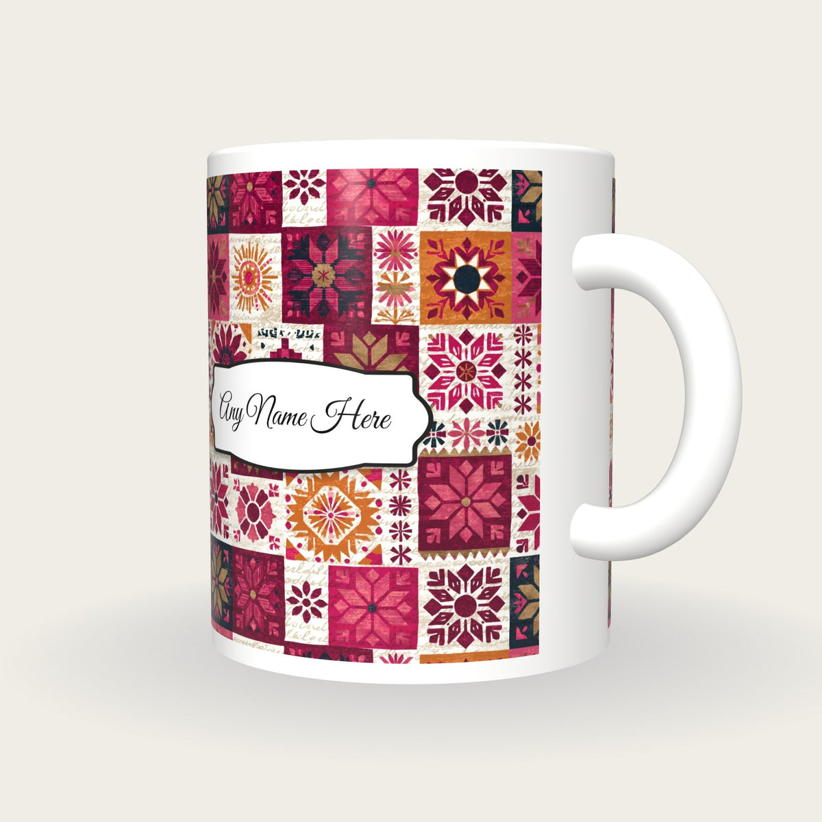 Mexican Folk Cherry Abstract Name Mug 2, three-quarter view