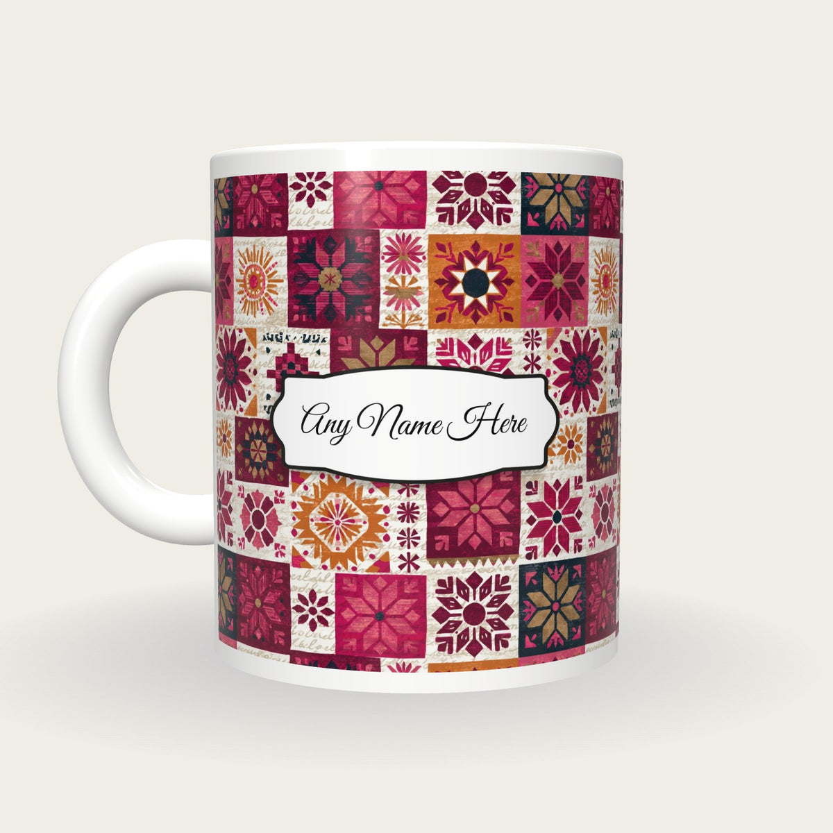 Mexican Folk Cherry Abstract Name Mug 2, back with the second name label