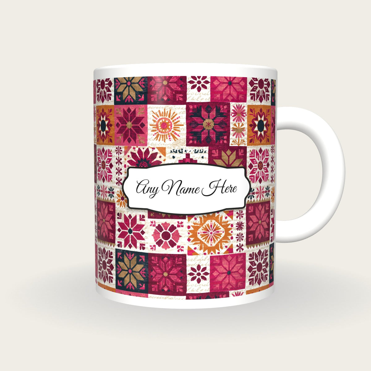 Mexican Folk Cherry Abstract Name Mug 2, front with the name label