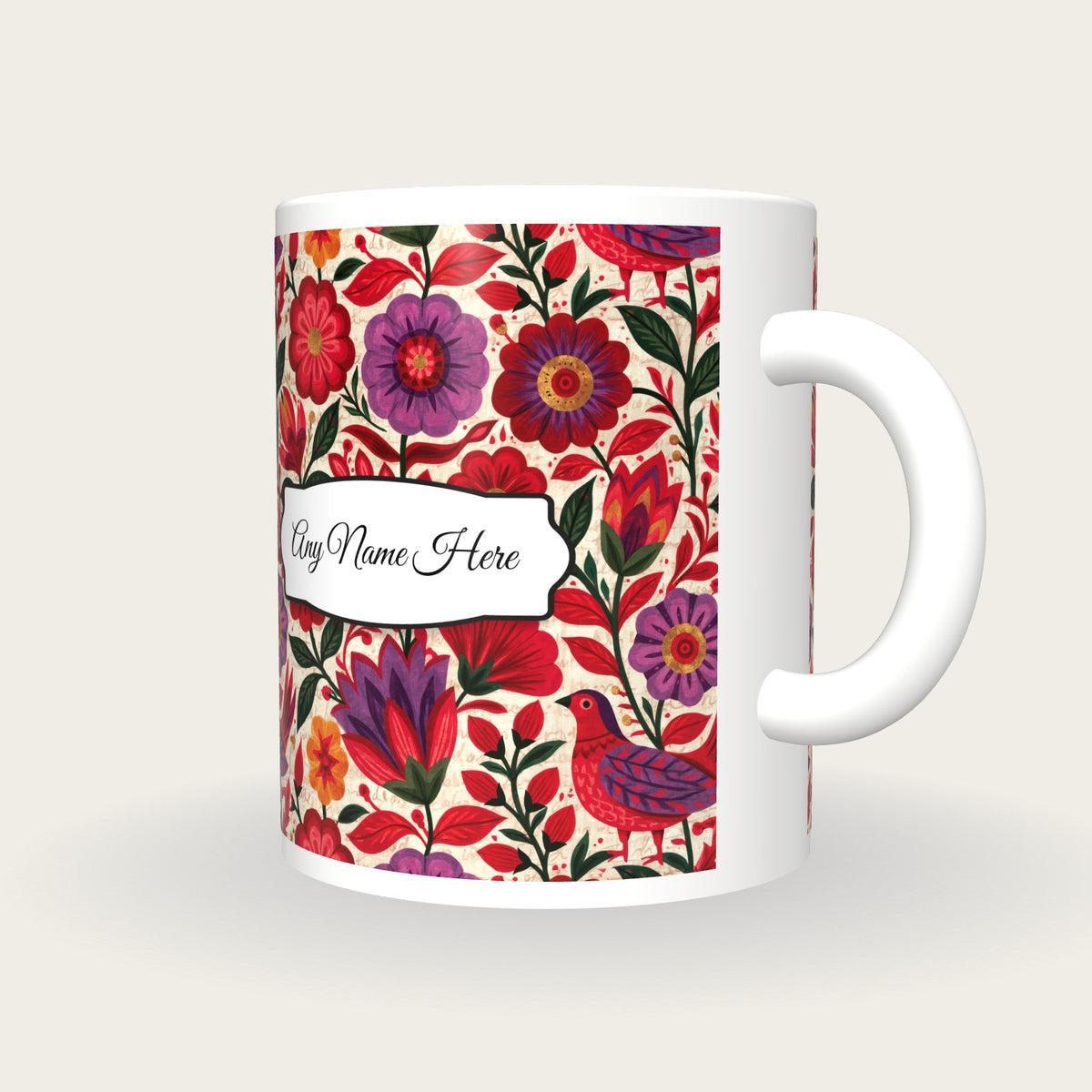 Mexican Folk Cherry Abstract Name Mug 3, three-quarter view