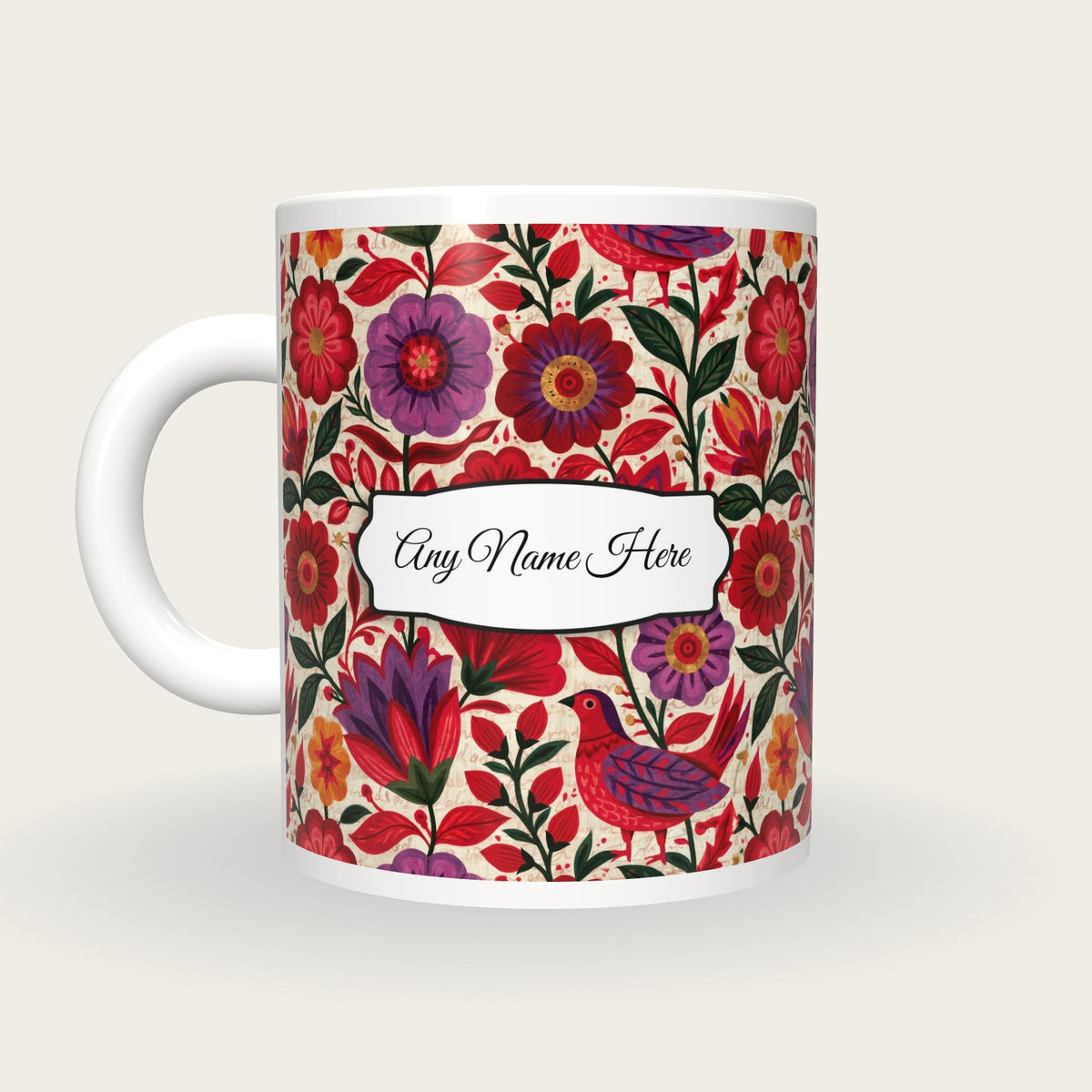 Mexican Folk Cherry Abstract Name Mug 3, back with the second name label