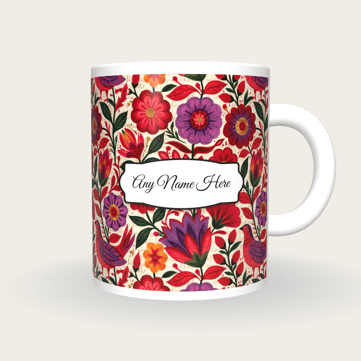 Mexican Folk Cherry Abstract Name Mug 3, front with the name label