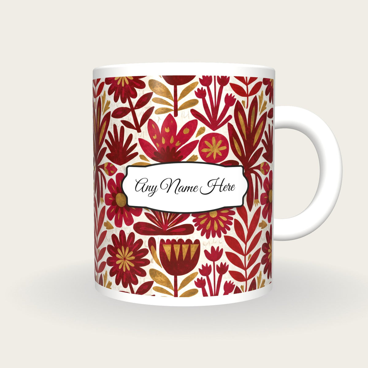 Mexican Folk Cherry Abstract Name Mug 4, front with the name label