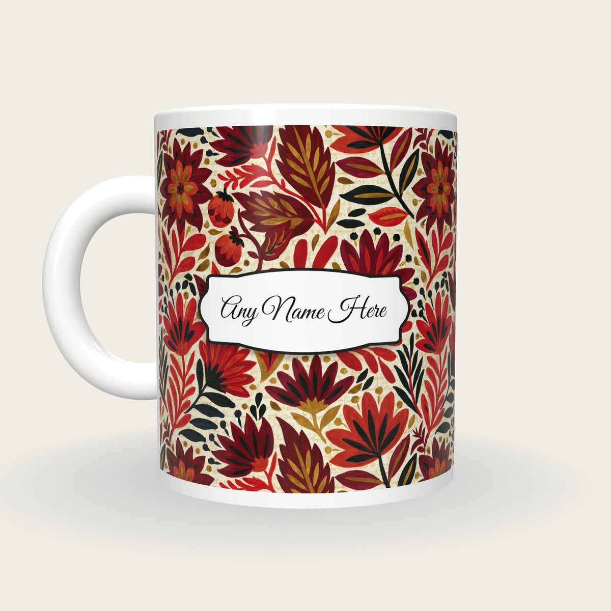 Mexican Folk Cherry Abstract Name Mug, back with the second name label