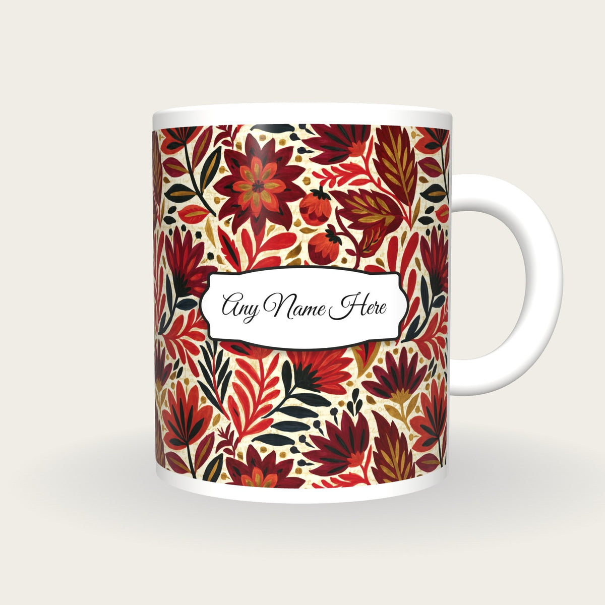 Mexican Folk Cherry Abstract Name Mug, front with the name label