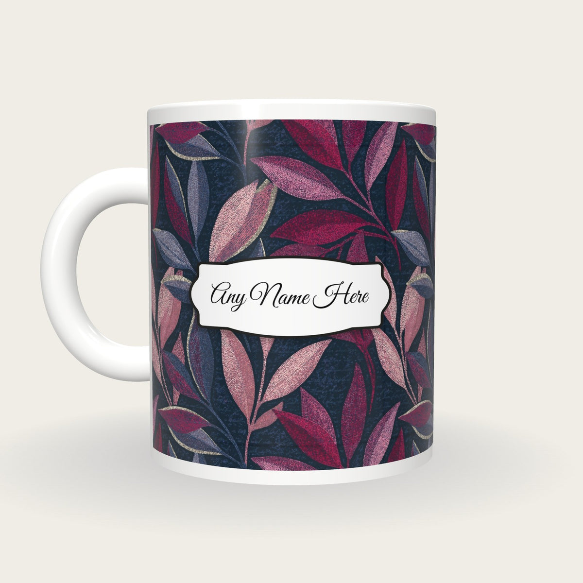 Pointillism Olive Branches Name Mug, back with the second name label