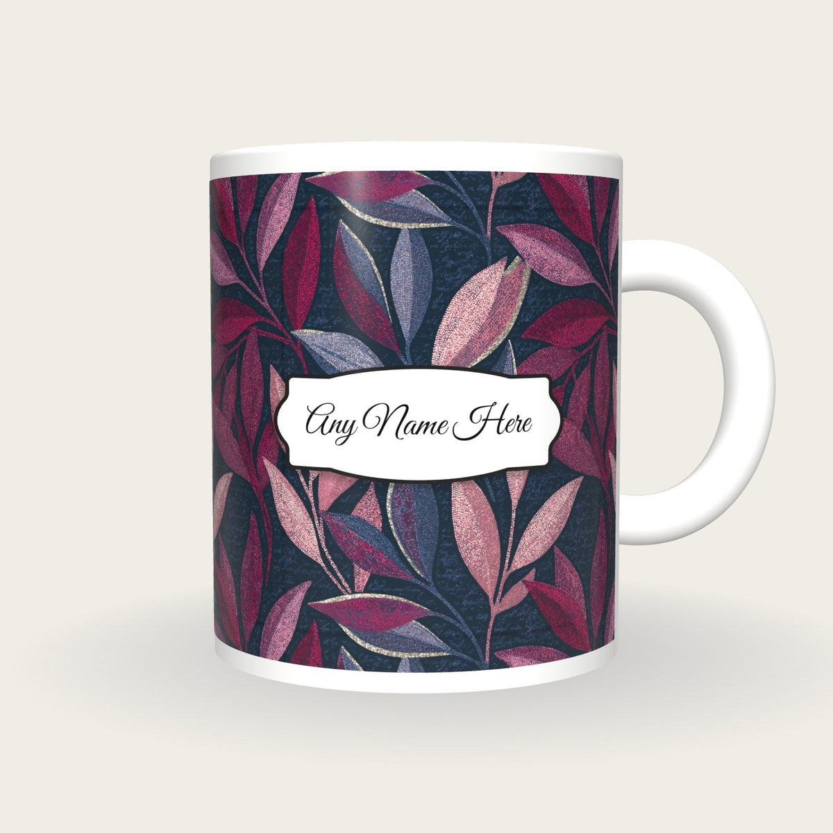 Pointillism Olive Branches Name Mug, front with the name label