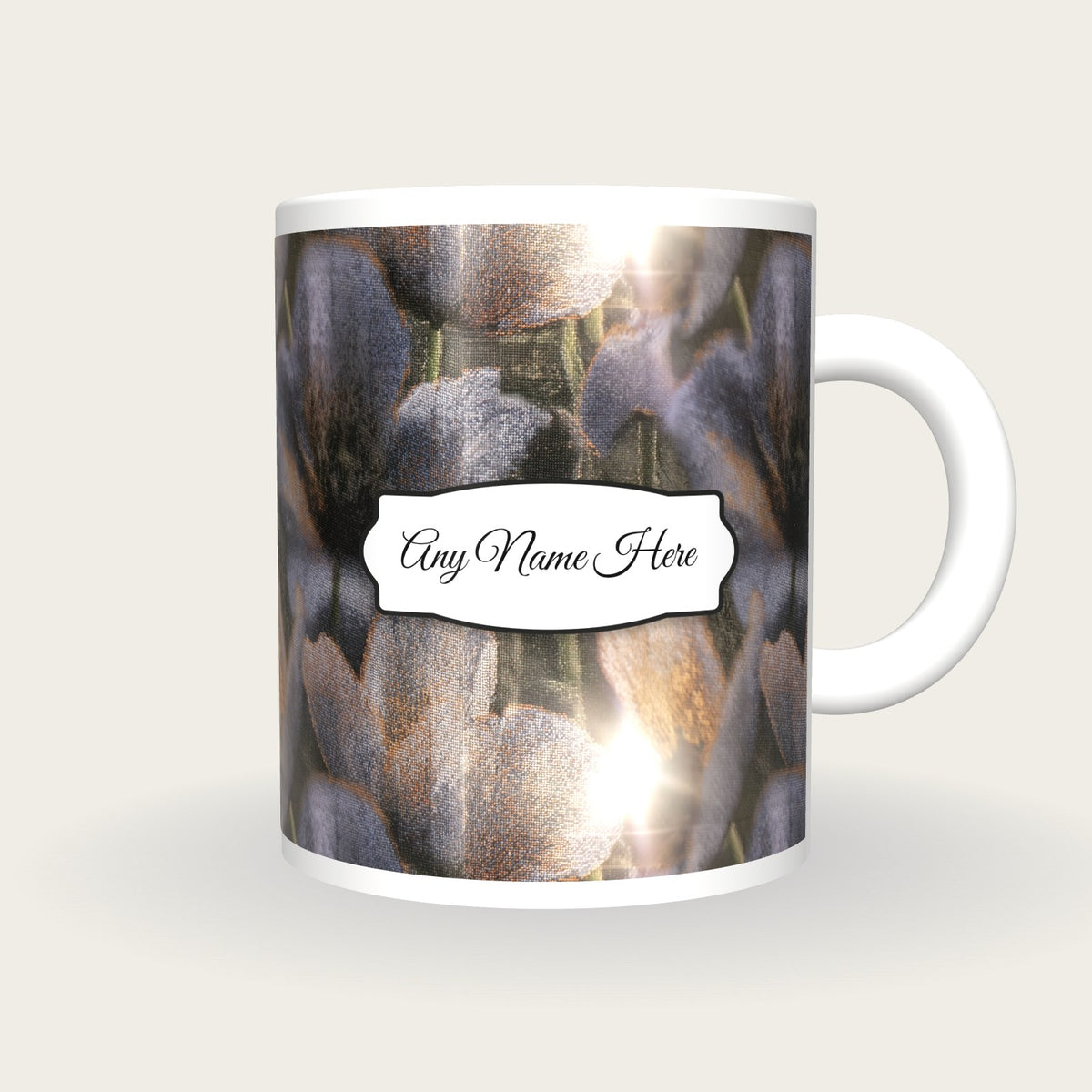 Pointillism Poppy Name Mug, front with the name label