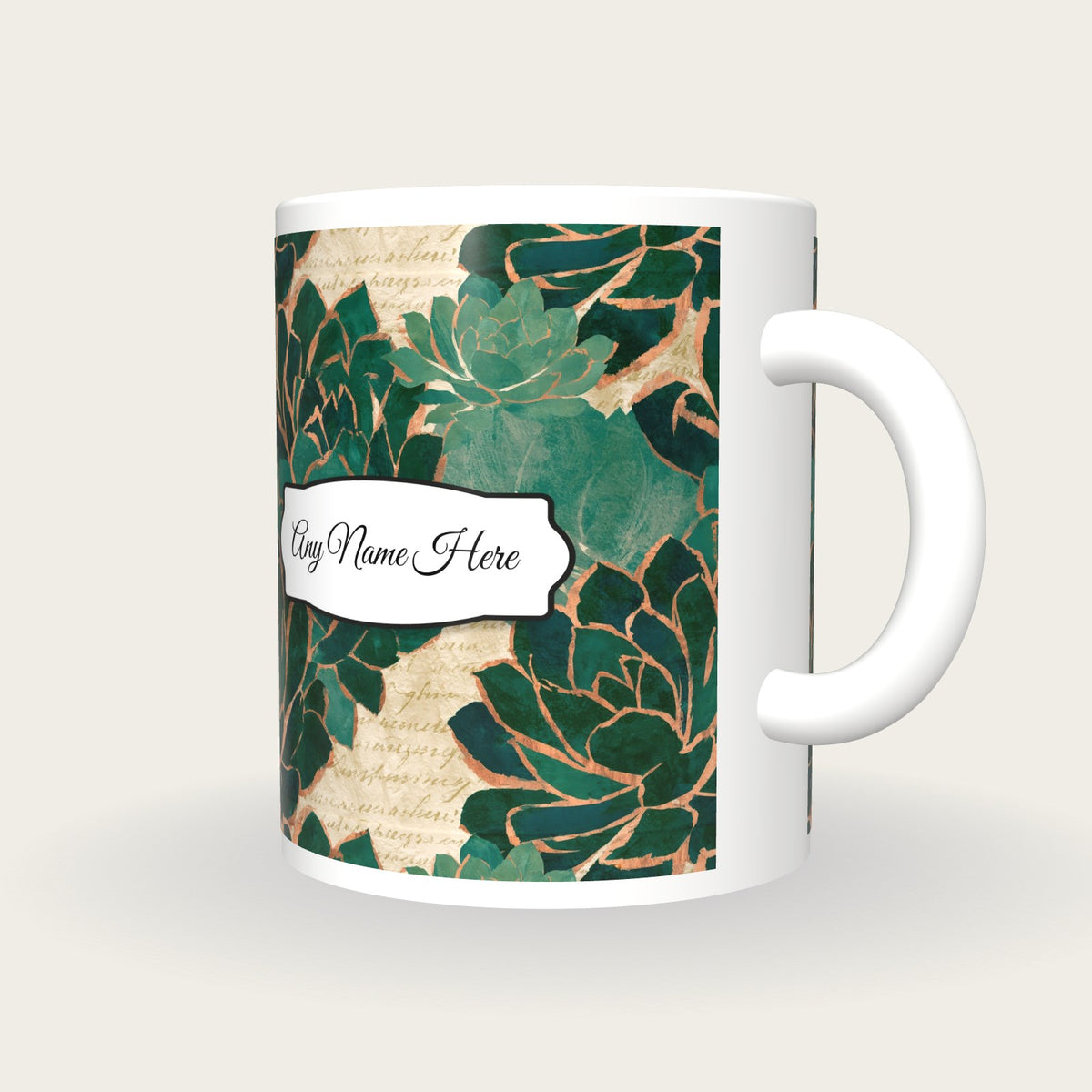 Collage Succulents Name Mug, three-quarter view