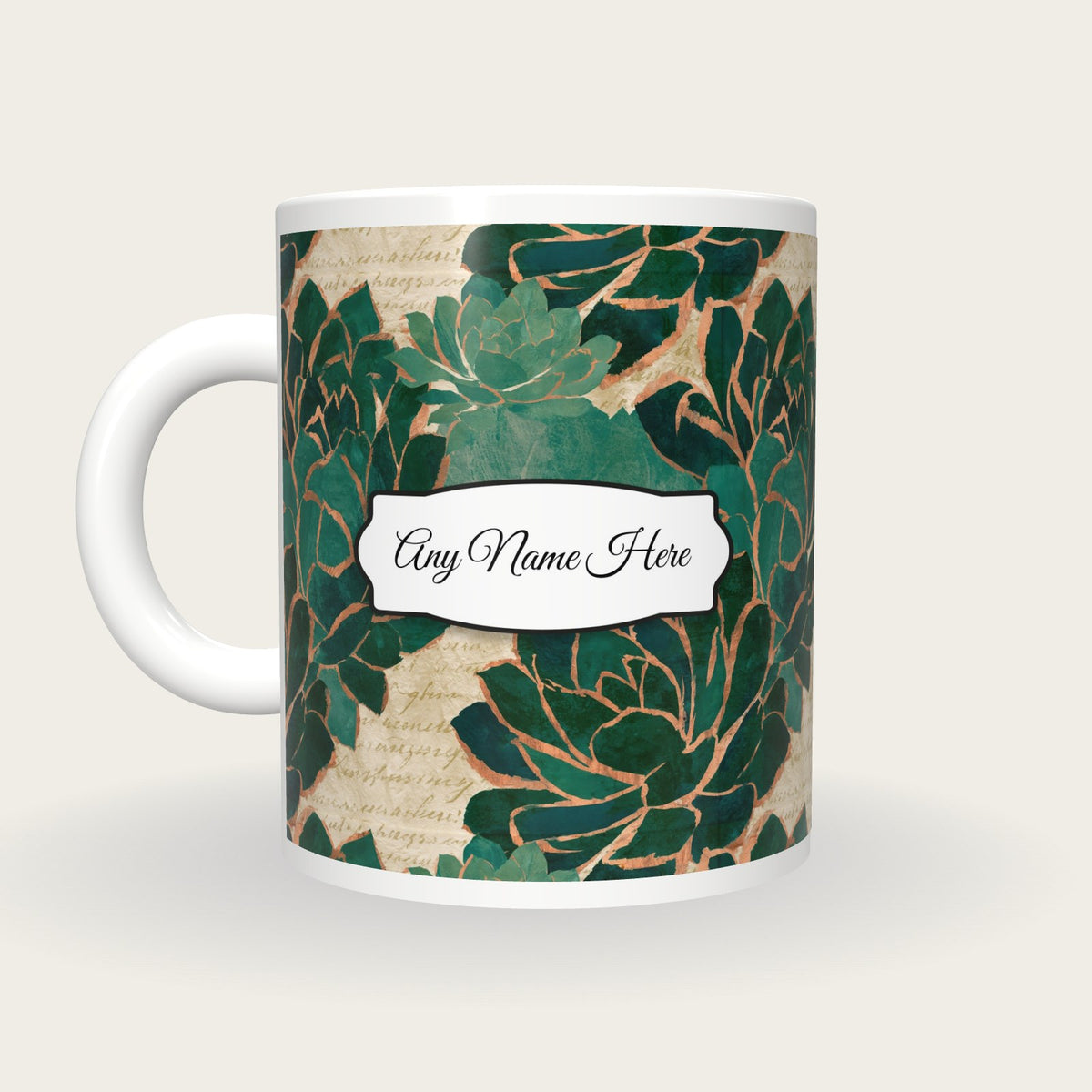 Collage Succulents Name Mug, back with the second name label