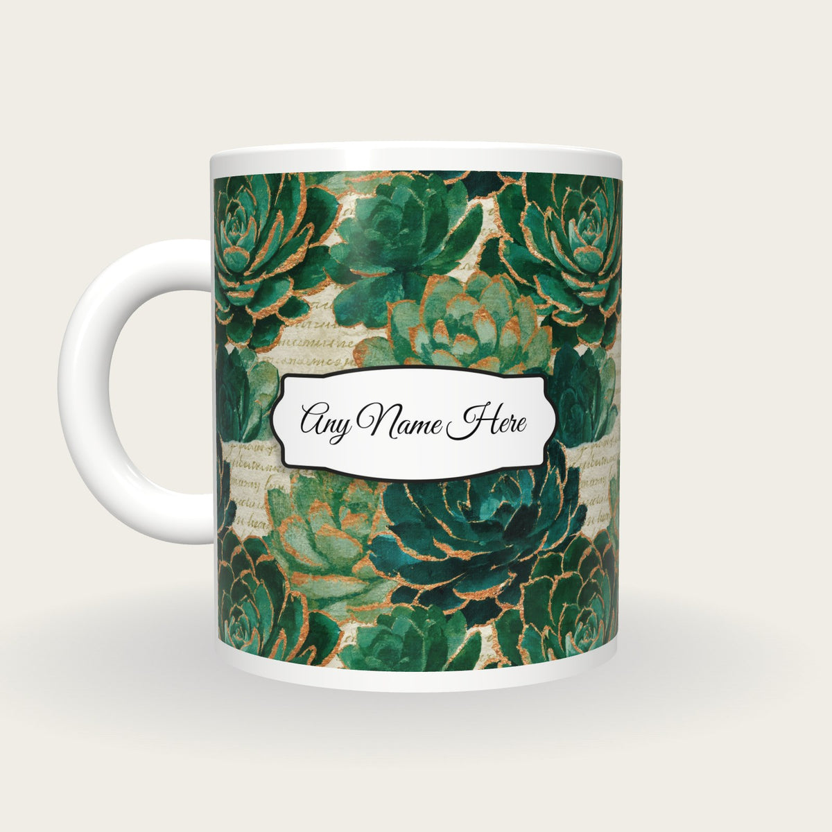 Collage Succulents Name Mug 2, back with the second name label