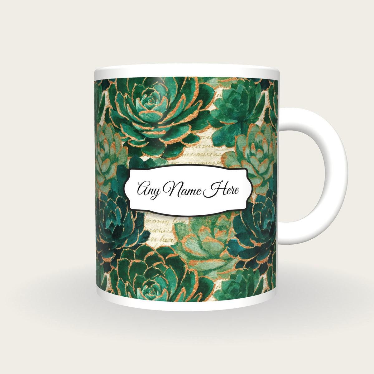 Collage Succulents Name Mug 2, front with the name label