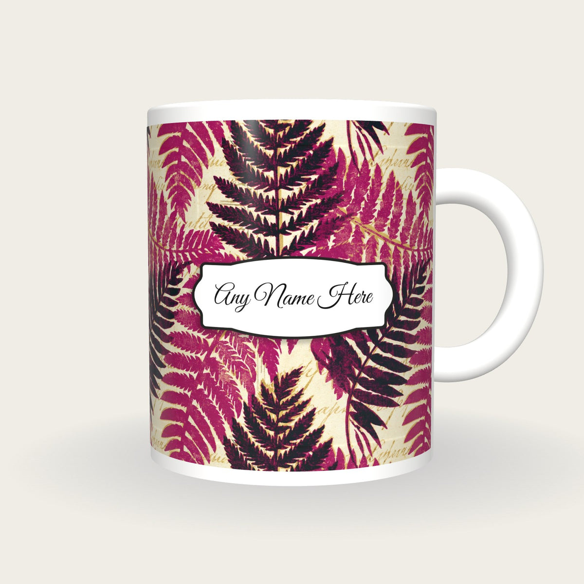 Risograph Fern Abstract Name Mug, front with the name label
