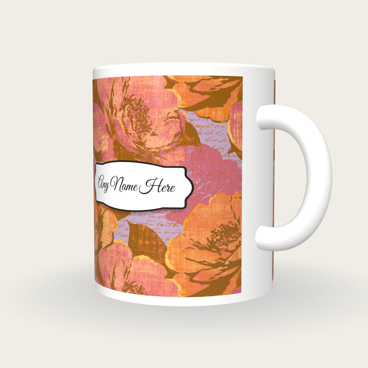 Woodcut Camellia Name Mug 2, three-quarter view
