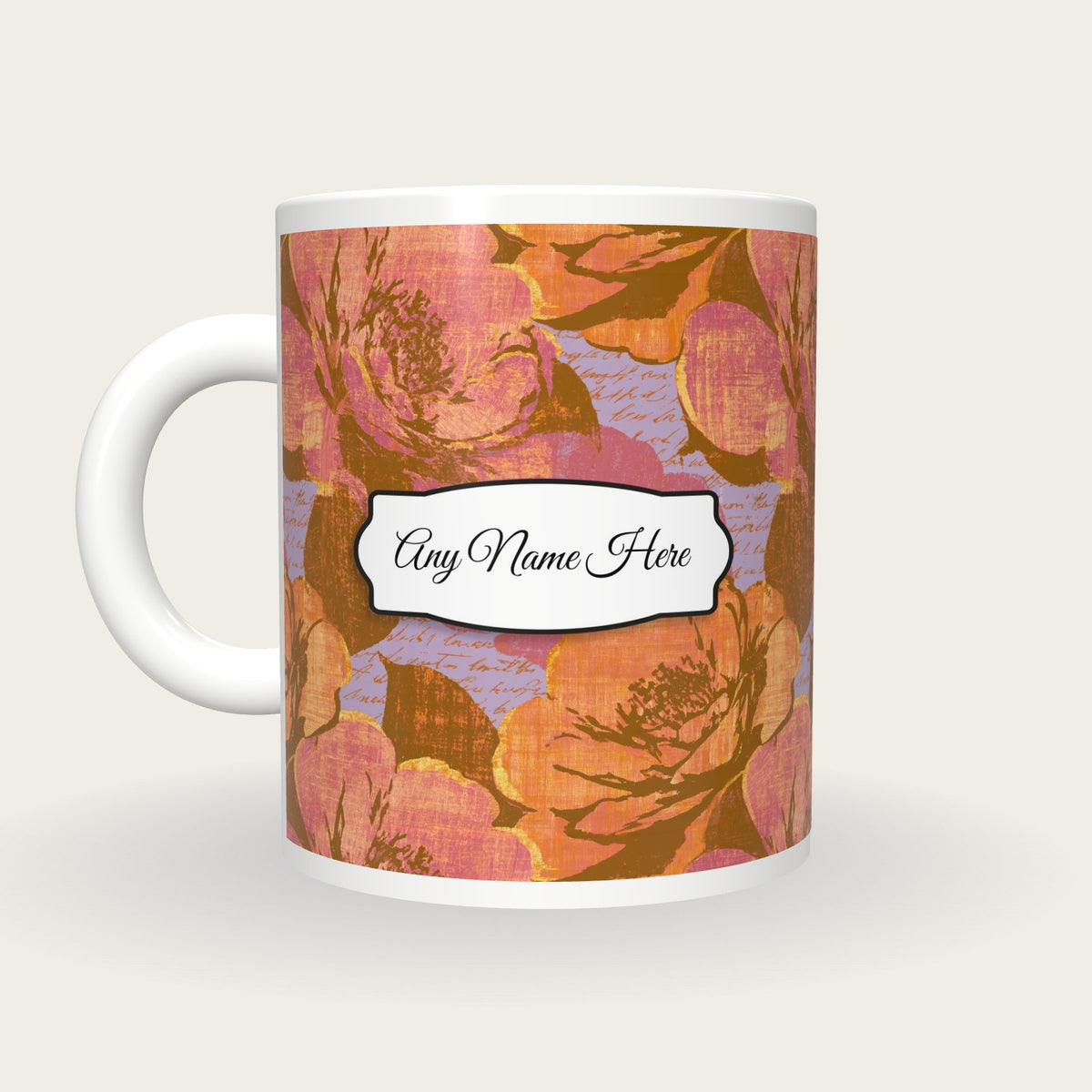 Woodcut Camellia Name Mug 2, back with the second name label