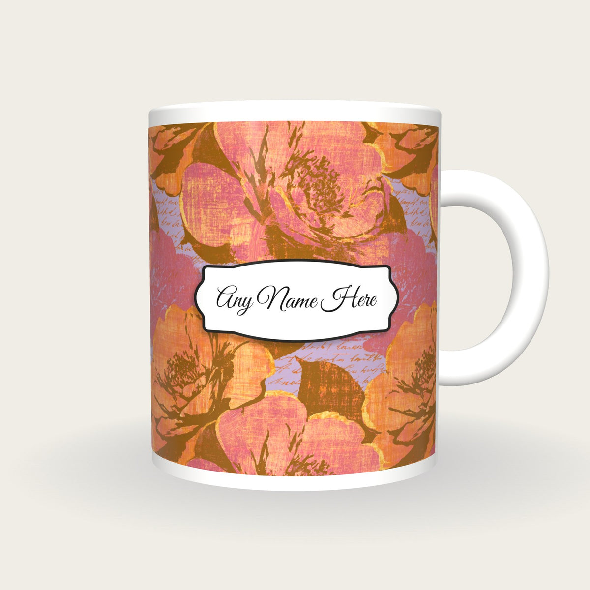Woodcut Camellia Name Mug 2, front with the name label