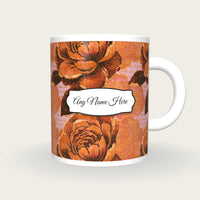 Woodcut Camellia Name Mug, front with the name label