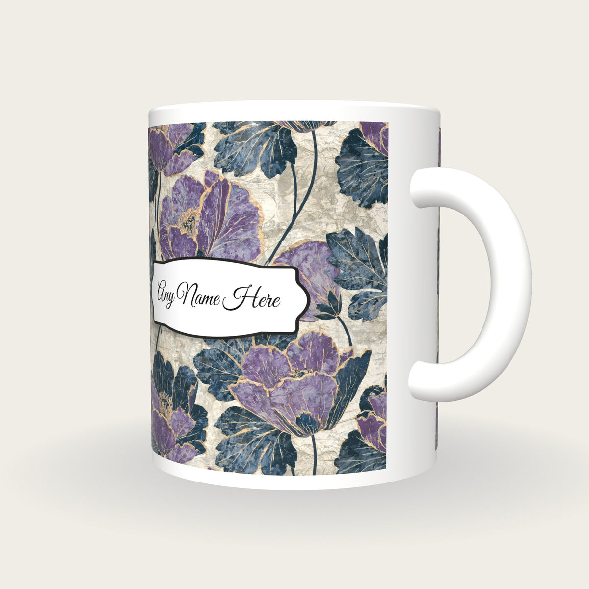 Blueprint Violet Abstract Name Mug, three-quarter view