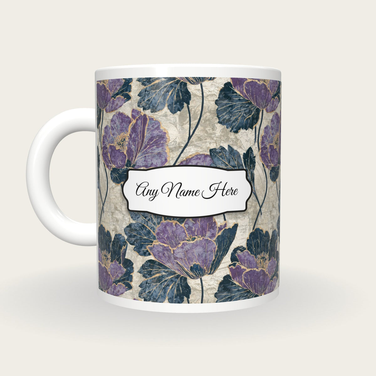 Blueprint Violet Abstract Name Mug, back with the second name label