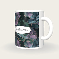 Scratchboard Camellias Name Mug, three-quarter view